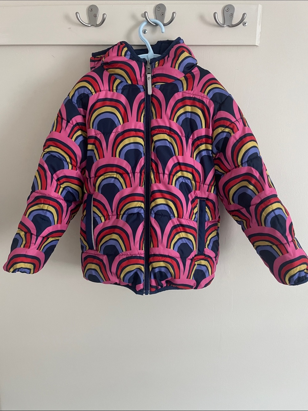 Hanna Andersson Hello Rainbow on Navy Puffer Reversible Jacket size 110 US 5